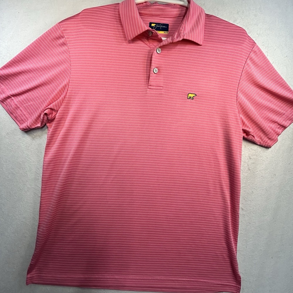 Jack Nicklaus Golden Bear Polo Men Size M Pink Striped Short Sleeve Golf Shirt